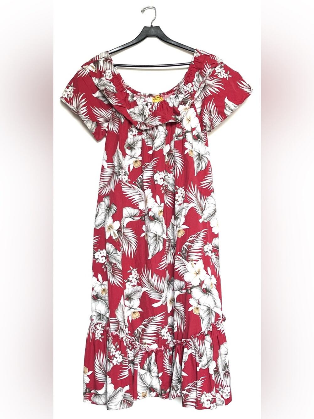 Vintage Red Hawaiian Maxi Dress with Ruffle Yoke Ruffle Hem Size 2X Tropical